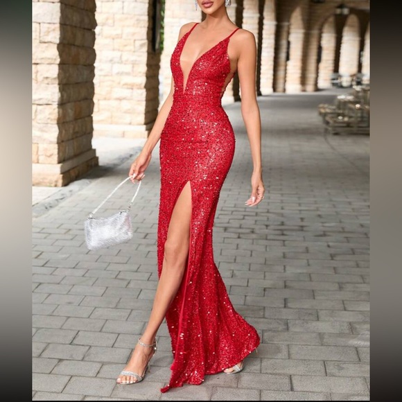 Luxe slit thigh party formal evening sequins dress - Picture 2 of 6